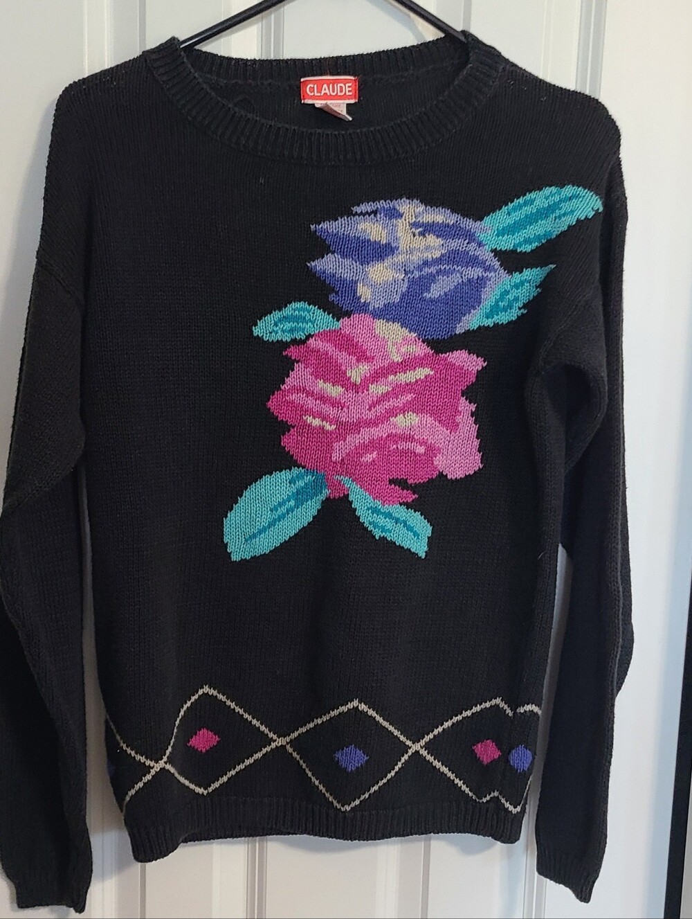 Claude Vintage Black Sweater with Pink & Purple Floral Intarsia